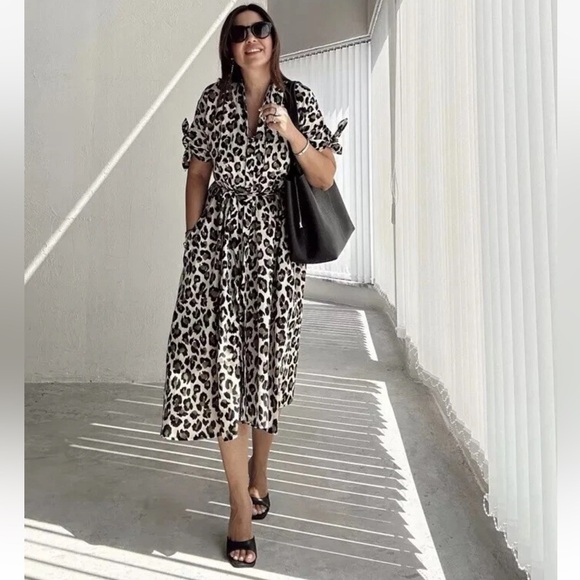 Zara Leopard Animal Print Button Up Down Midi Maxi Dress Bow Detail Pockets - Picture 14 of 17